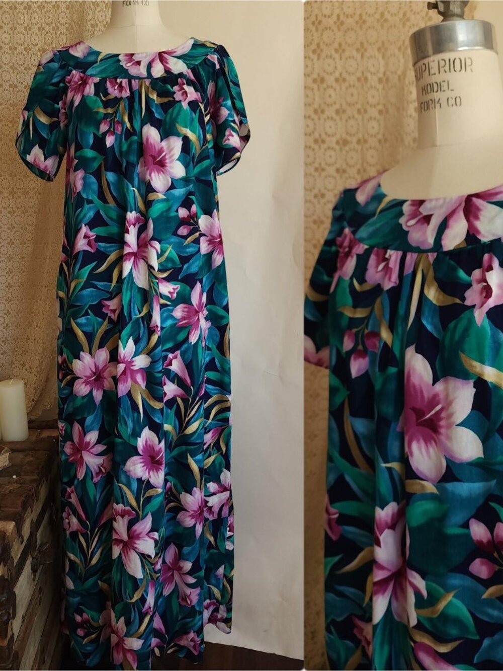 Vintage 1990s Dress with Pocket, Hilo Hattie Mumu Hawaii Tiki Floral Print in Gr